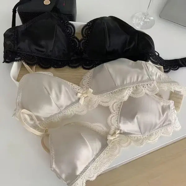 SP&CITY Korean Style Triangle Cup Bow Lace Bra for Women Small Chest Satin Underwear Sweet Girl Breathable Comfortable
