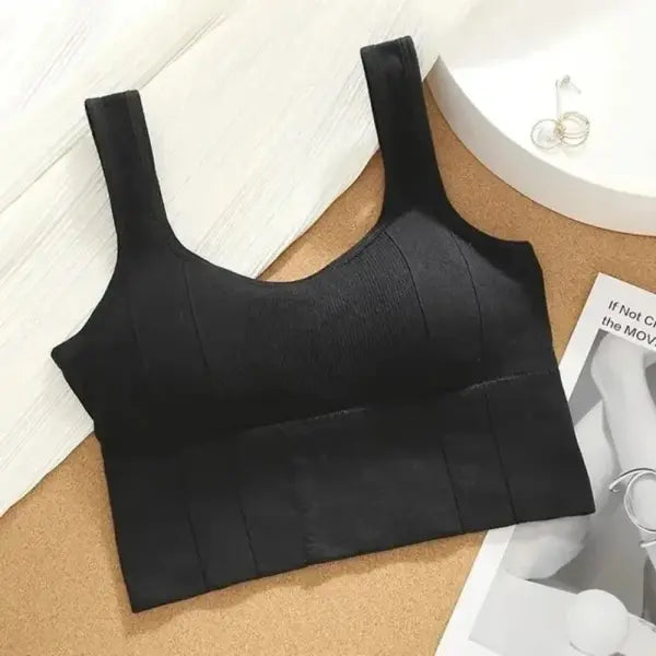 Sports bra with sweat-proof function for fitness wear. Women’s seamless yoga bra. Anti-shock off-shoulder top. - Black