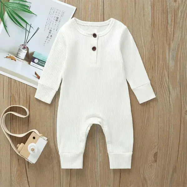 Baby Cotton Romper – Long Sleeve Spring/Autumn Jumpsuit Playsuit for Newborn Boys & Girls - White / 6-9months