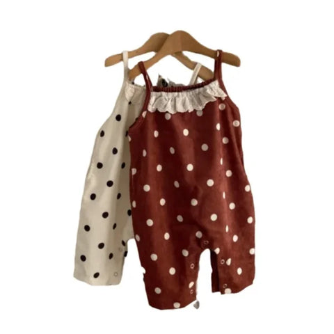 Spring Baby Girl Dots Print Lace Overalls – Cotton Toddler Jumpsuit with Suspenders