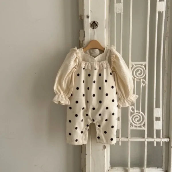 Spring Baby Girl Dots Print Lace Overalls – Cotton Toddler Jumpsuit with Suspenders