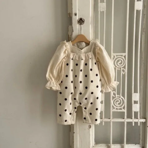 Spring Baby Girl Dots Print Lace Overalls – Cotton Toddler Jumpsuit with Suspenders