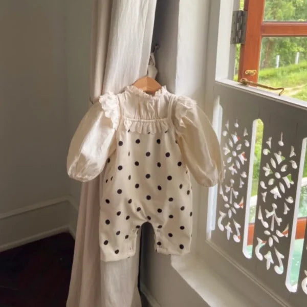 Spring Baby Girl Dots Print Lace Overalls – Cotton Toddler Jumpsuit with Suspenders