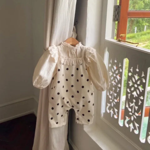 Spring Baby Girl Dots Print Lace Overalls – Cotton Toddler Jumpsuit with Suspenders