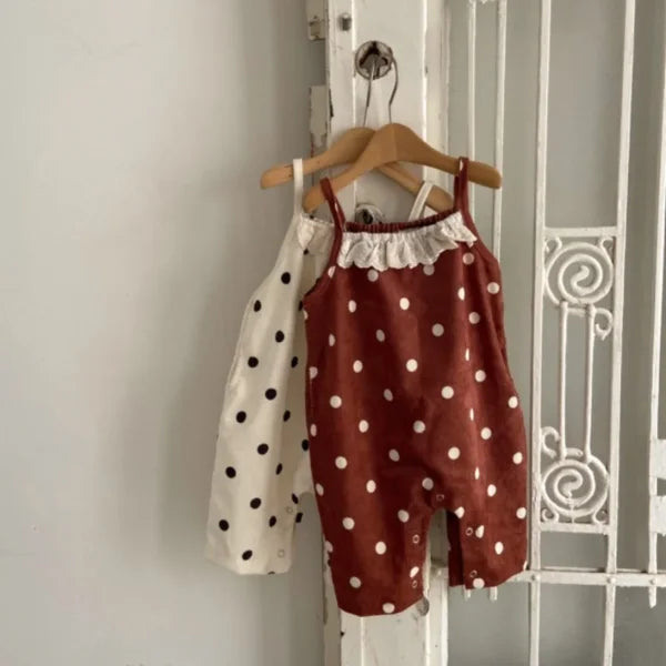 Spring Baby Girl Dots Print Lace Overalls – Cotton Toddler Jumpsuit with Suspenders
