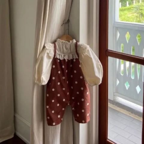 Spring Baby Girl Dots Print Lace Overalls – Cotton Toddler Jumpsuit with Suspenders
