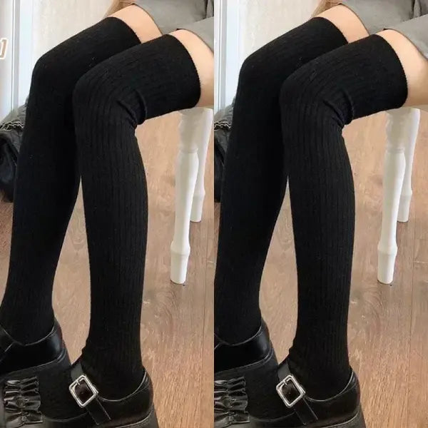 Women’s Knee-High Socks – White Vertical Stripe Long Stockings for Spring/Fall Japanese Fashion Style - Black-2pairs