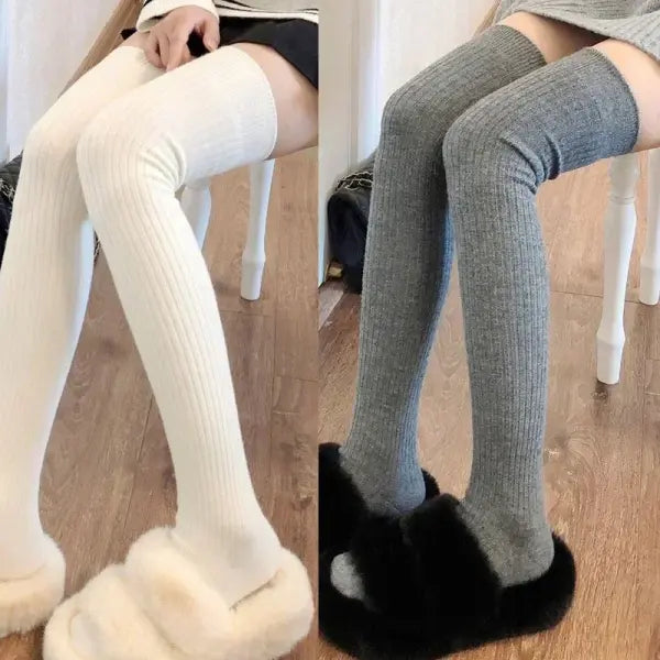 Women’s Knee-High Socks – White Vertical Stripe Long Stockings for Spring/Fall Japanese Fashion Style - Grey