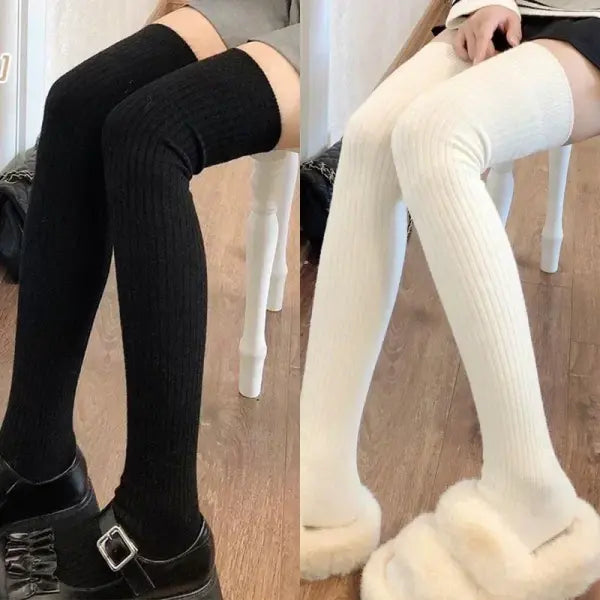 Women’s Knee-High Socks – White Vertical Stripe Long Stockings for Spring/Fall Japanese Fashion Style - White Black