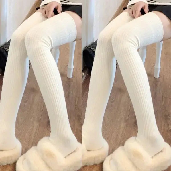 Women’s Knee-High Socks – White Vertical Stripe Long Stockings for Spring/Fall Japanese Fashion Style - White-2pairs