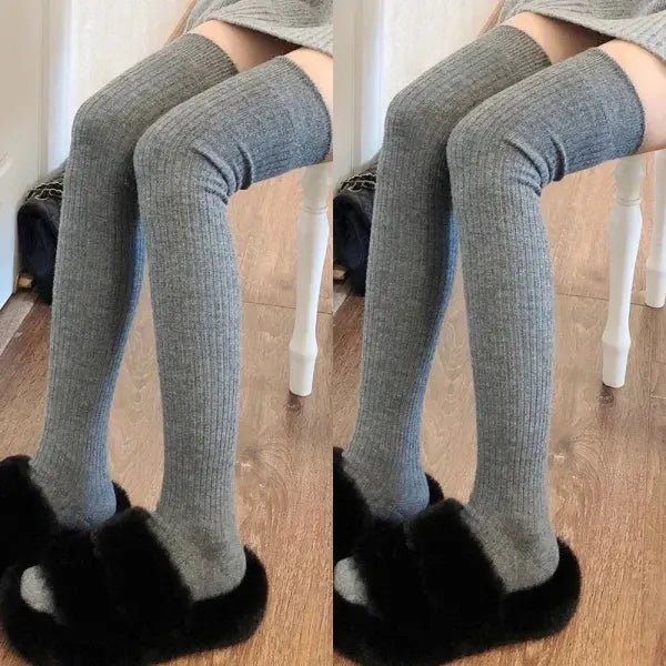 Women’s Knee-High Socks – White Vertical Stripe Long Stockings for Spring/Fall Japanese Fashion Style - Grey-2pairs