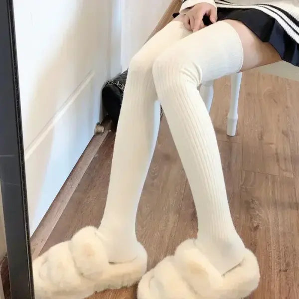Women’s Knee-High Socks – White Vertical Stripe Long Stockings for Spring/Fall Japanese Fashion Style - White / One Size