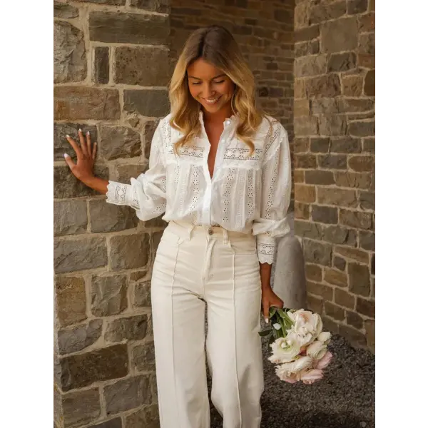 Spring/Summer 2026 New Arrivals European & American Women’s Wear Vacation Style Solid-Colour Lace-Up Embroidered Blouse