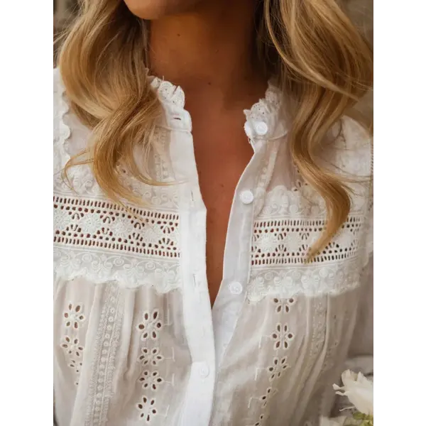 Spring/Summer 2026 New Arrivals European & American Women’s Wear Vacation Style Solid-Colour Lace-Up Embroidered Blouse