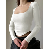 Square Neck Long Sleeve Green Crop Top for Women – Casual Slim Fit Autumn T-Shirt