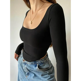 Square Neck Long Sleeve Green Crop Top for Women – Casual Slim Fit Autumn T-Shirt