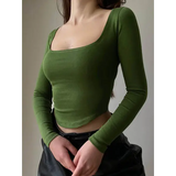 Square Neck Long Sleeve Green Crop Top for Women – Casual Slim Fit Autumn T-Shirt