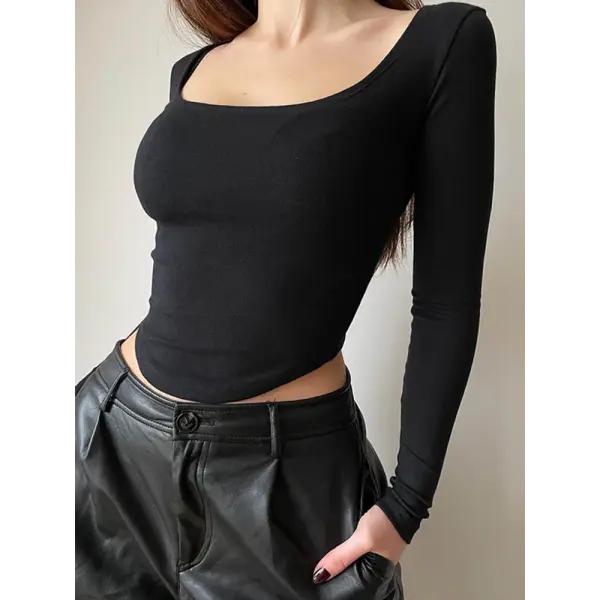 Square Neck Long Sleeve Green Crop Top for Women – Casual Slim Fit Autumn T-Shirt - black / S