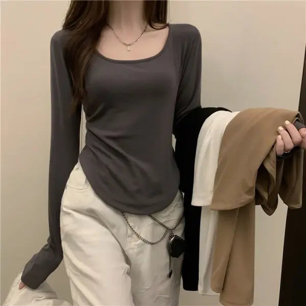 Square Neck Long Sleeve T-Shirt Women Spring Autumn New Irregular Hem Slim Casual Top Winter Solid Bottom Shirts New