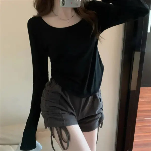 Square Neck Long Sleeve T-Shirt Women Spring Autumn New Irregular Hem Slim Casual Top Winter Solid Bottom Shirts New