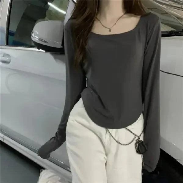 Square Neck Long Sleeve T-Shirt Women Spring Autumn New Irregular Hem Slim Casual Top Winter Solid Bottom Shirts New