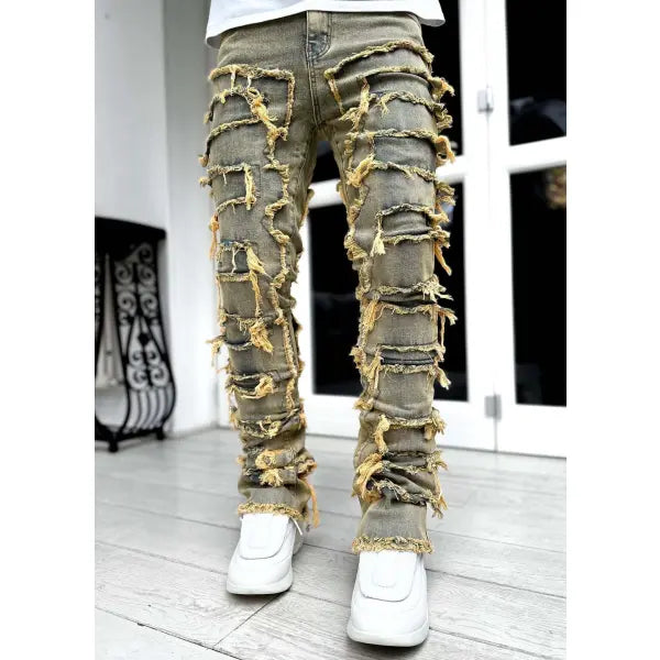 Stacked Ripped Denim Trousers Plus Size Patched Jeans Style Cotton Comfort - Vintage blue / L - None