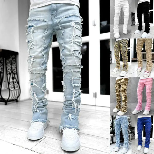 Stacked Ripped Denim Trousers Plus Size Patched Jeans Style Cotton Comfort - None