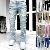 Stacked Ripped Denim Trousers Plus Size Patched Jeans Style Cotton Comfort - None