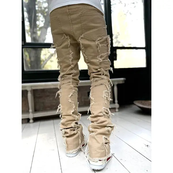 Stacked Ripped Denim Trousers Plus Size Patched Jeans Style Cotton Comfort - None