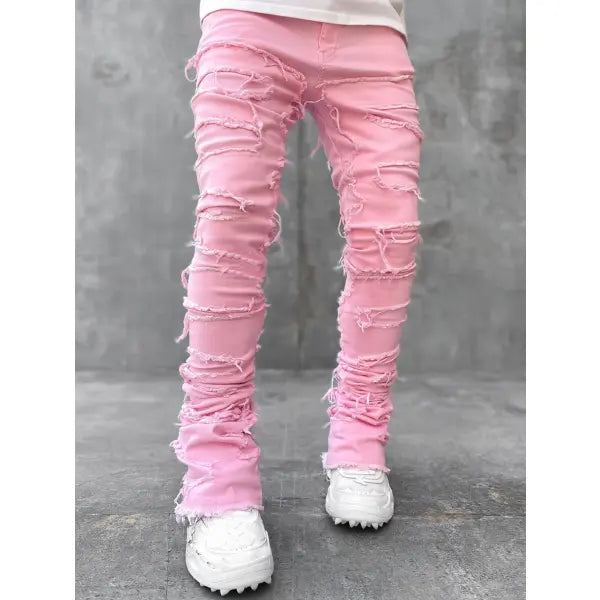 Stacked Ripped Denim Trousers Plus Size Patched Jeans Style Cotton Comfort - Pink / L - None