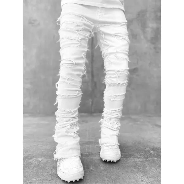 Stacked Ripped Denim Trousers Plus Size Patched Jeans Style Cotton Comfort - White / L - None
