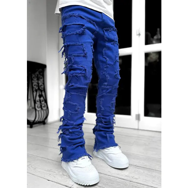 Stacked Ripped Denim Trousers Plus Size Patched Jeans Style Cotton Comfort - Blue / L - None