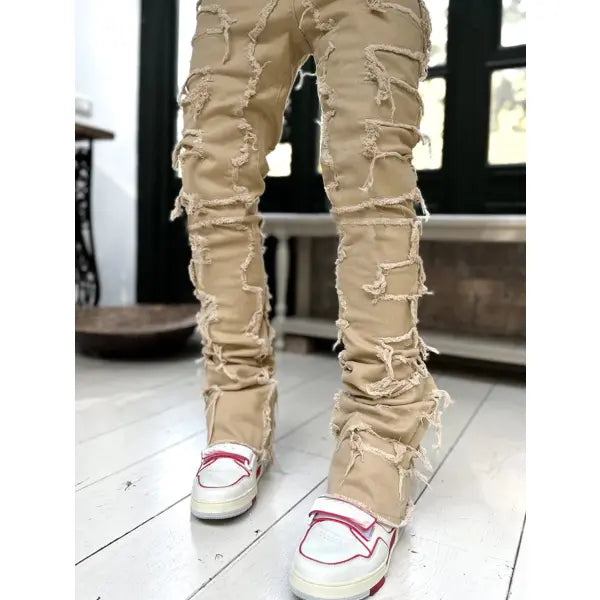 Stacked Ripped Denim Trousers Plus Size Patched Jeans Style Cotton Comfort - Dark Khaki / L - None