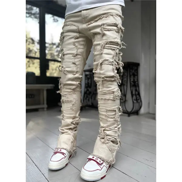 Stacked Ripped Denim Trousers Plus Size Patched Jeans Style Cotton Comfort - Apricot / L - None