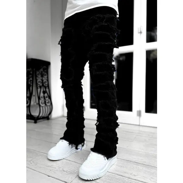 Stacked Ripped Denim Trousers Plus Size Patched Jeans Style Cotton Comfort - Black / L - None