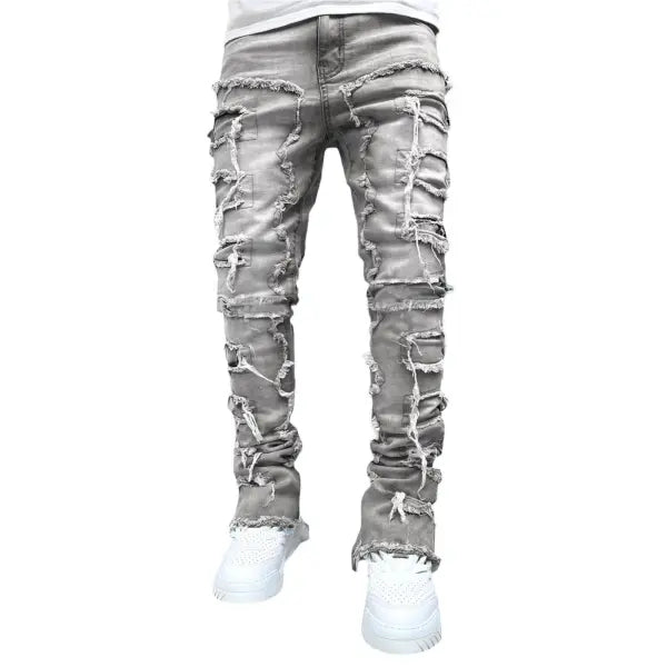 Stacked Ripped Denim Trousers Plus Size Patched Jeans Style Cotton Comfort - Grey / L - None