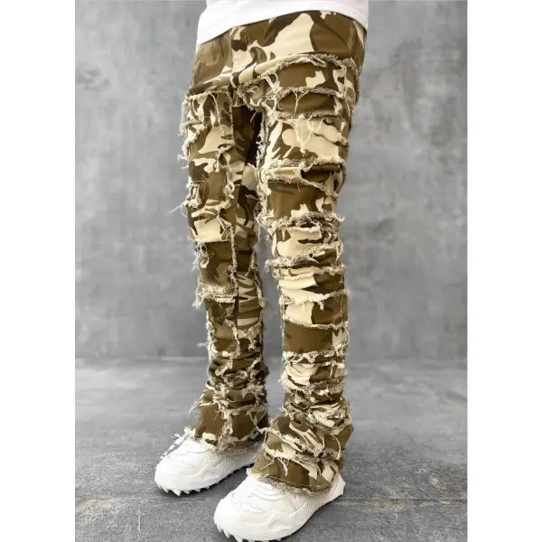 Stacked Ripped Denim Trousers Plus Size Patched Jeans Style Cotton Comfort - None