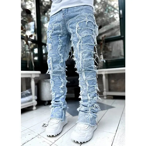 Stacked Ripped Denim Trousers Plus Size Patched Jeans Style Cotton Comfort - Sky blue / L - None