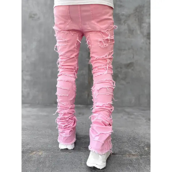 Stacked Ripped Denim Trousers Plus Size Patched Jeans Style Cotton Comfort - None