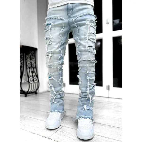 Stacked Ripped Denim Trousers Plus Size Patched Jeans Style Cotton Comfort - Light Blue / L - None