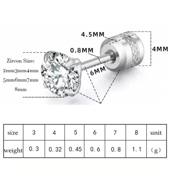Stainless Steel CZ Zircon Earrings with Crystal Screw Titanium Ear Studs