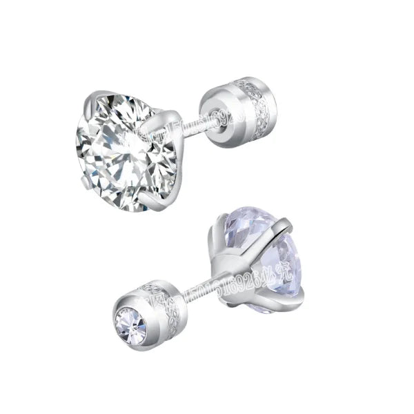 Stainless Steel CZ Zircon Earrings with Crystal Screw Titanium Ear Studs - Himpall