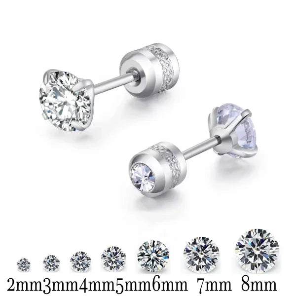 Stainless Steel CZ Zircon Earrings with Crystal Screw Titanium Ear Studs - Himpall