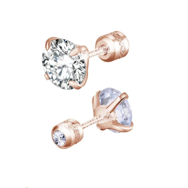 Stainless Steel CZ Zircon Earrings with Crystal Screw Titanium Ear Studs - Himpall