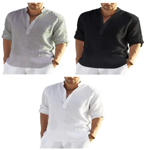 Stand Collar Long Sleeve Cotton Linen Shirt Casual Loose Style - 3color set / 2XL - None