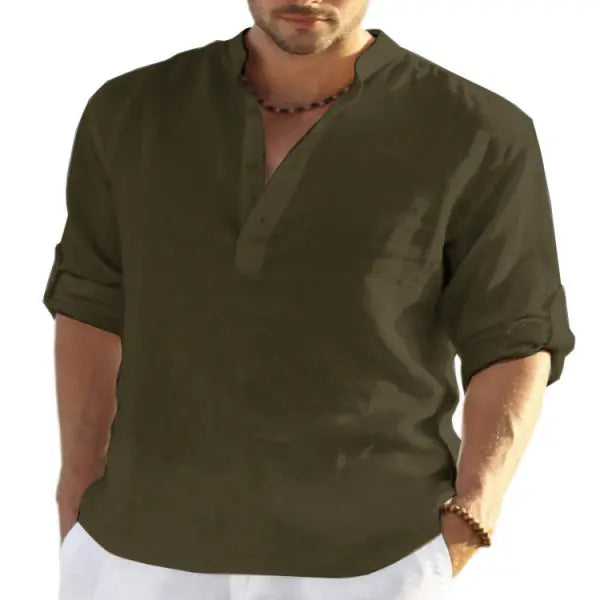 Stand Collar Long Sleeve Cotton Linen Shirt Casual Loose Style - Army Green / 2XL - None