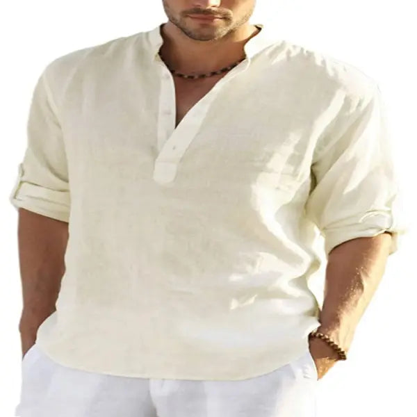 Stand Collar Long Sleeve Cotton Linen Shirt Casual Loose Style - Beige / 2XL - None