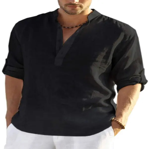 Stand Collar Long Sleeve Cotton Linen Shirt Casual Loose Style - Black / 2XL - None