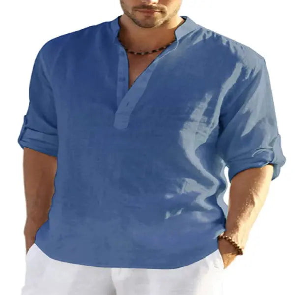 Stand Collar Long Sleeve Cotton Linen Shirt Casual Loose Style - Blue / 2XL - None