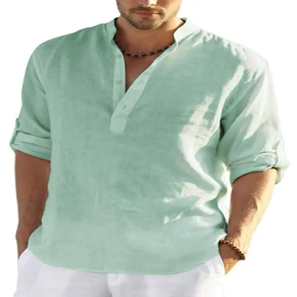 Stand Collar Long Sleeve Cotton Linen Shirt Casual Loose Style - Cyan / 2XL - None